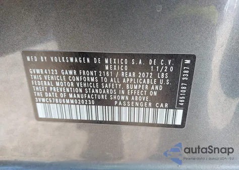 2021 Volkswagen Jetta 1.4T R-Line/1.4T S/1.4T Se z USA, uszkodzony, nr VIN 3VWC57BU6MM020230